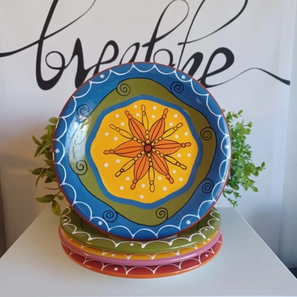 Pier 1 Hand-Painted Ironstone Salad Plate Set | 4 Piece | 8.25” Diameter